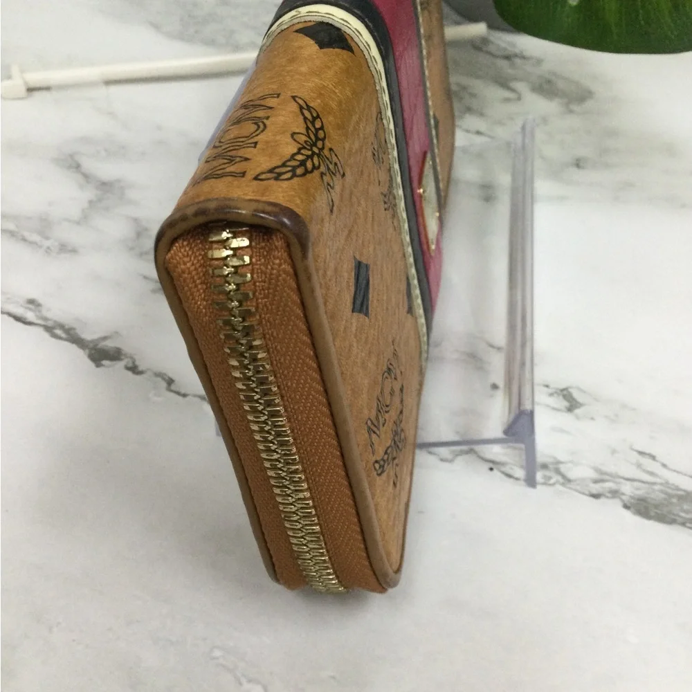 GUC MCM Leather Zip-Around Wallet in Cognac with Pink Stripe